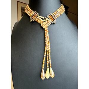 Vintage gold tone brass beaded with chocolate rhinestones drop choker/necklace